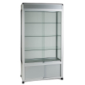 freestanding glass display case with header and storage - UB015