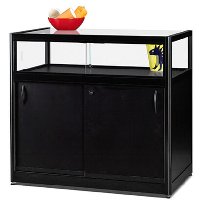 1000mm glass display table - black with storage - rear